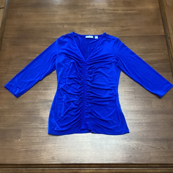 New York & Company Royal Blue Ruched V-Neck Bodycon 3/4 Sleeve Top Small - Picture 8 of 9